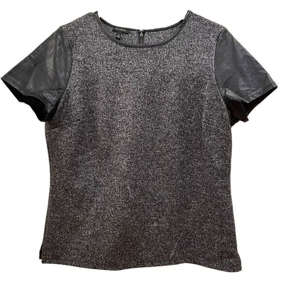 Talbots Blouse Womens M Wool Top Static Gray Black Faux Leather Sleeves Collar - Picture 1 of 6